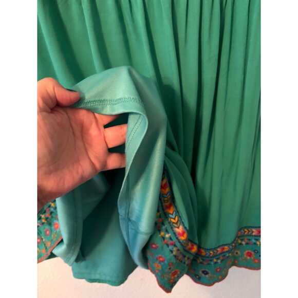 Savanna Jane Womens Embroidered Boho Tunic Dress Green Floral V-Neck  L - Picture 6 of 10